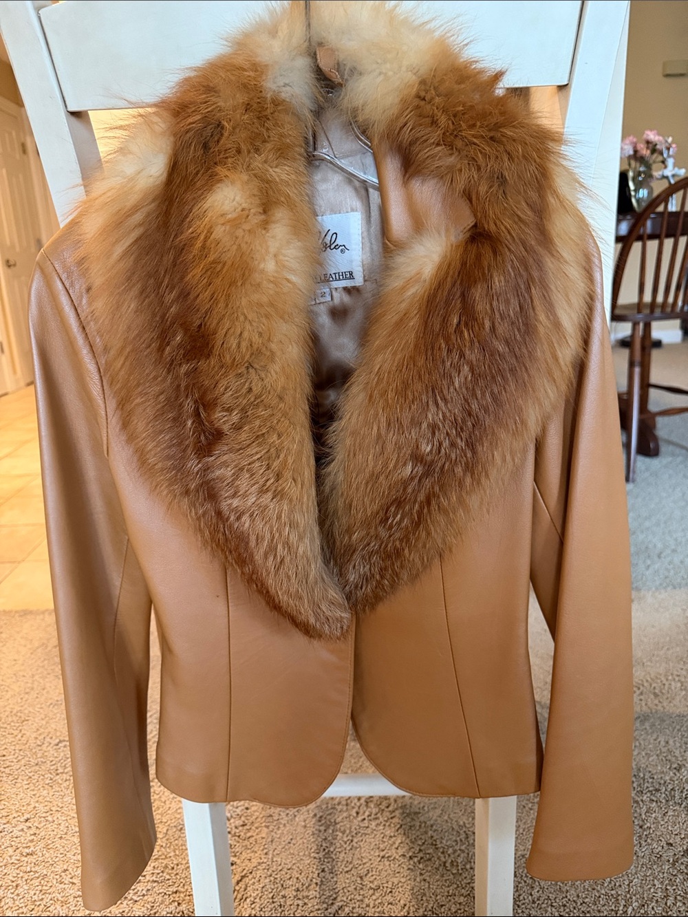 North Beach Leather Camel Brown Leather Jacket with Fox Fur Collar